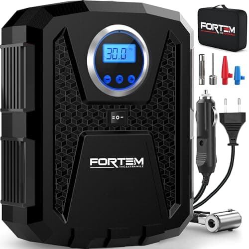 FORTEM Compressore Aria Portatile per Pneumatici, Pompa per Bicicletta, Compressore Aria 230V AC 12V DC con Luce a LED, Manometro Digitale Pneumatici con Gonfiaggio/Spegnimento Automatico (Nero)