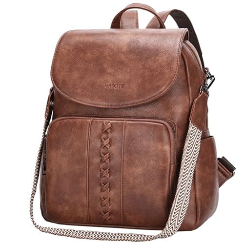 VASCHY Rucksack Damen Leder, Lederrucksack Elegant Mode Rucksackhandtaschen Mittelgroß Rucksäcke für Frauen mit Gitarrenriemen, Braun