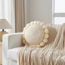 Rundes Boho Dekokissen 45cm Bodenkissen Gehäkelt Niedlich Dekorativ Für Couch Weißes Akzentkissen Für Bett Kissenbezüge Und Einsätze Kreis Grobstrick-Dekokissen Mit Niedlichen Pompon-Quasten Beige - 6