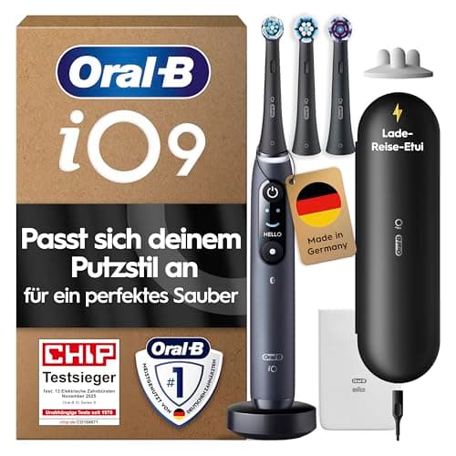 Oral-B iO Series 9 Elektrische Zahnbürste — Electric Toothbrush, Inkl. 3 Aufsteckbürsten — 7 Modi für Zahnpflege, CHIP Testsieger (11/25), Designed by Braun, Schwarz