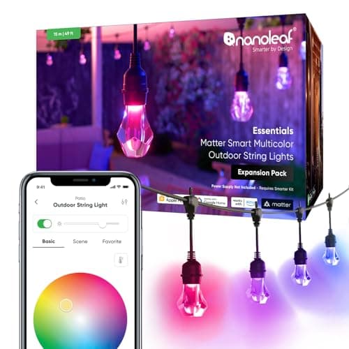 Nanoleaf Matter Essentials, Catena Luminosa Esterno Expansion Pack 15M LED RGBICW - Luci Led 16M Colori, IP65 Impermeabile, 20 Lampadine LED, WiFi Bluetooth Matter, Adatto per Giardino Balcone Gazebo