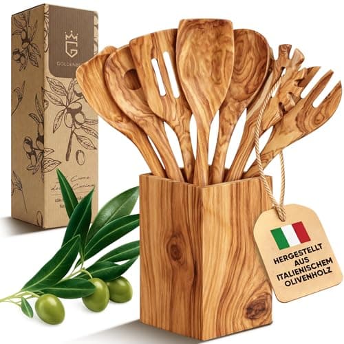 GOLDENBERG® Premium Kochlöffel Set + Halter | 8-teilig | feinstes italienisches Olivenholz | antibakteriell & langlebig | 2x Pfannenwender Holz, 2x Kochlöffel Holz, Salatbesteck & Spaghettilöffel