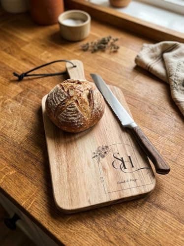 Tagliere monogramma data e nomi personalizzati in legno di acacia – Creazione artigianale francese
