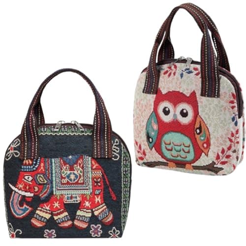 Genérico Bolso de mano para mujer en tejido jacquard con doble cremallera, bolso vintage pequeño e informal para ir de compras, viajar y trabajar, bolso hobo con bordado estilo bohemio