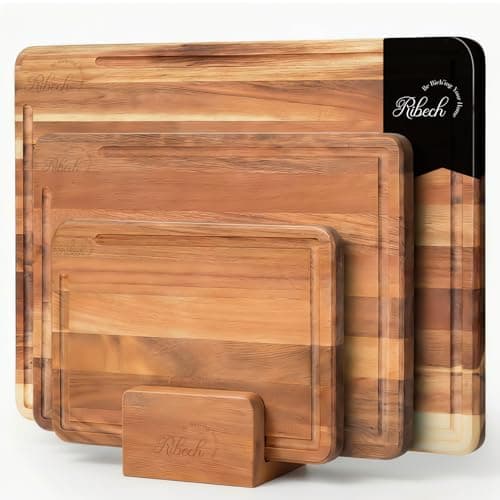 Ribech Set de Tablas de Cortar 3 Piezas de Madera de Acacia Sólida con Soporte | 40x30cm 33x24cm 26x18cm | Tablas de 2cm de Grosor con Surco