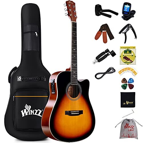 Winzz Chitarra Acustica Elettrificata, Chitarra Elettroacustica 4/4, Chitarra Adulti Bambini 12+ Anni, Chitarra Folk Principianti Kit con 12 Accessori (Corde di Acciaio, 41 Pollici, Lucido Sunburst)