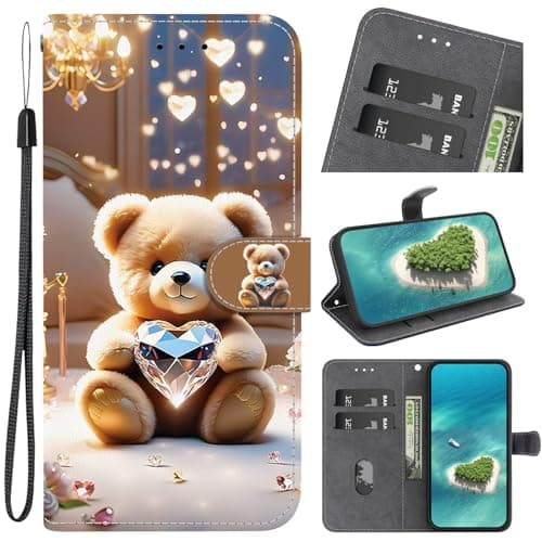 BLOTECH Loving Glowing Glitter Bear Pattern Phone Pocket for OPPO Realme GT Neo6 SE Case Book style Side Flip Wallet Magnetic with Card Slots Wrist Strap Girls Chic Personalised Protective