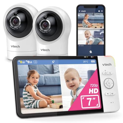VTech baby monitor smart Wi-Fi con 2 telecamere, schermo HD a colori da 7", videocamera FHD 1080p, app gratuita, controlli panoramica, inclinazione e zoom, ninne nanne, suoni rilassanti: RM7764-2HD