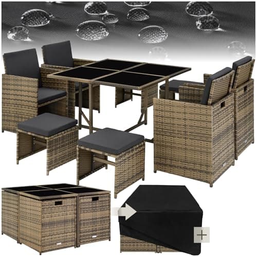 tectake® Conjunto Jardín Exterior de Ratán y Acero, Compacto y Agrupable en Cubo, Muebles Jardín Exterior Resistente a la Intemperie, para 4-8 Personas, Fundas Extraíbles y Funda Protectora - Natural