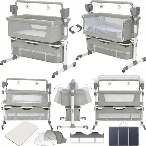 MoLi Beistellbett Baby mit Rollen, Convertible Faltbar Co-Sleeping Babybett, Stubenwagen Baby Kleinkind Wiege mit Musik, Fernbedienung und 5-schwankende Zahnräder (601 Light Grey)
