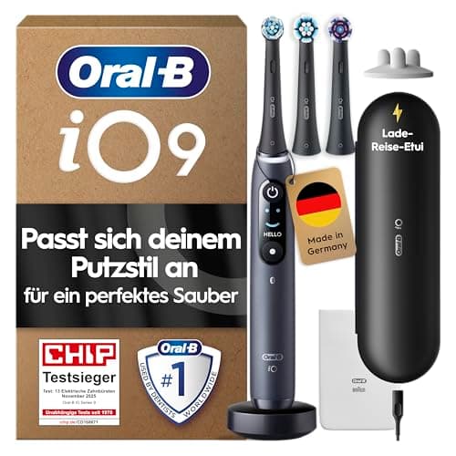 Oral-B iO Series 9 Elektrische Zahnbürste — Electric Toothbrush, Inkl. 3 Aufsteckbürsten, Lade-Reise-Etui, Schnellladestation — 7 Modi für Zahnpflege, Zahnbürste Elektrisch, Designed by Braun, Schwarz