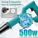 Soplador de hojas con batería profesional con 2 baterías de 3000 mAh y cargador, potente motor de cepillo de 500 W, soplador de hojas 3 en 1 y aspirador de hojas, velocidad variable hasta 32000/min - 2