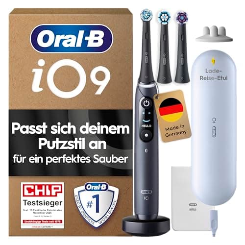 Oral-B iO Series 9 Elektrische Zahnbürste — Electric Toothbrush, Inkl. 3 Aufsteckbürsten — 7 Modi für Zahnpflege, CHIP Testsieger (11/25), Designed by Braun, Schwarz