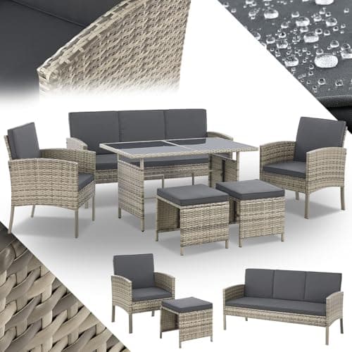 Juskys set di mobili da giardino Turin da 6 pezzi - Per 7 persone - Mobili da esterno con poltrone, sgabelli, tavolino e cuscini - Grigio