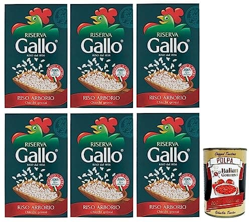 6x Gallo Riso Arborio Riserva,100% Italienischer Reis,Kochzeit 15 Minuten,Packung mit 1Kg + Italian Gourmet Polpa di Pomodoro 400g Dose