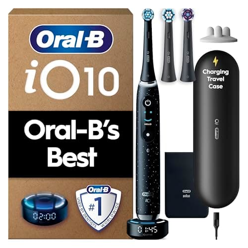 Oral-B iO10 Electric Toothbrushes Adults, Gifts For Women / Men, 1 Handle, 3 Toothbrush Heads, Charging Travel Case, Toothbrush Head Holder, 7 Modes, 2 Pin Plug, Cosmic Black, Oral B IO Toothbrush