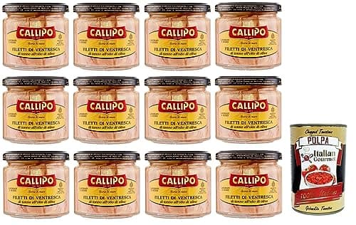 12 x Callipo Filetti di Ventresca di Tonno all'olio di oliva, Ventresca tuna fillets in olive oil, the most valuable part of tuna, glass 200 g + Italian Gourmet Polpa di Pomodoro 400 g tin