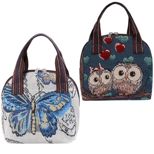 Generico Borsa Donna in tessuto jacquard con Doppia Cerniera, Borsa a Mano Casual Piccolo Vintage per Shopping Viaggio Lavoro, Tote Hobo Borza con Ricamo Boho Stile