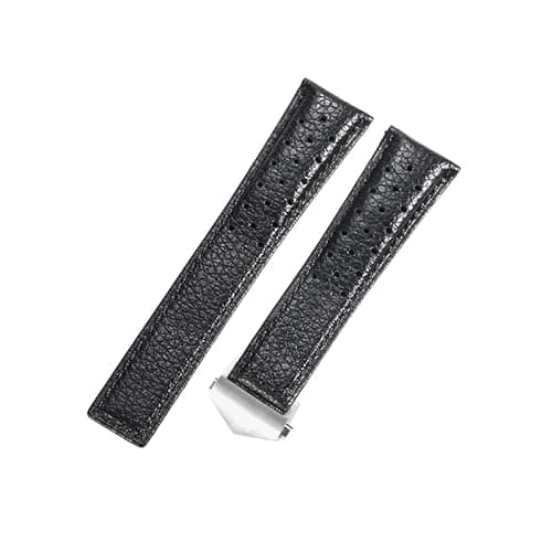 ROUHO 22mm Atmungsaktives Echtleder Uhrenarmband Schweißfestes Ersatz Uhr Band für Tag Heuer Carrera Heritage Chronograph 6-Schwarz + Silber