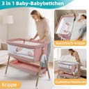 cozydwells 3 in 1 Beistellbett Baby, Tragbar reisebett Baby mit matratze Höhenverstellbar Bettchen Verstellbare Höhe & Neigung 6 abschließbare Räder Baby Co-Sleeper für Neugeborene Kleinkind Rosa - 3