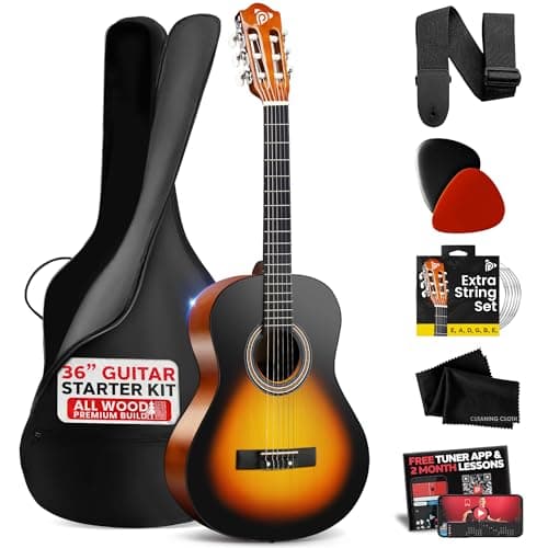 Pyle Chitarra Acustica ¾ per Principianti, Chitarra Corpo in Legno Massello 91 cm, Guitar Kit Completo con Plettri, Tracolla, Custodia, Panno e App Accordatore, Sunburst a Forma di Goccia