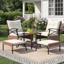 COSTWAY Set di 5 Mobili da Giardino in Rattan, Set Mobili da Esterno con Sedie Poggiapiedi Cuscini e Tavolino in Vetro Temperato a 2 Livelli, Set Conversazione per Portico e Balcone (Beige) - 8