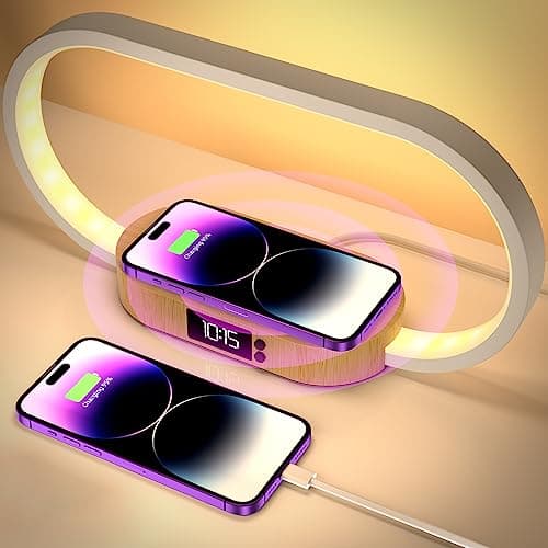 Lampada da comodino con ricarica wireless, lampada da tavolo touch a LED USB, lampada da camera da letto dimmerabile con 3 modalità di colori e orologio, lampada da scrivania in bambù per