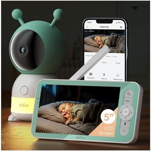 BOIFUN 2K Baby Monitor WiFi, Telecamera 360° con Luci Notturne e Display LCD 5" 3MP, Controllo da App e Monitor, Auto Tracking, Rilevamento Movimento e Suono IA