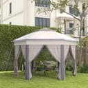 Outsunny Pavillon 4x4m Wasserdicht Pop-up sechseckiger Faltpavillon, Doppeldach, Gartenpavillon mit 6 Seitenteilen, Partyzelt inkl. Tragetasche, für Garten, Terrasse, Festival, Kaffee+Beige - 9