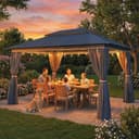 Outsunny 3 x 4 m Outdoor Garden Gazebo with Netting and Curtains, UPF50+ Double Roof Patio Gazebo Permanent Pavilion Canopy Shelter with Metal Frame, Drainage Holes, Dark Blue - 7