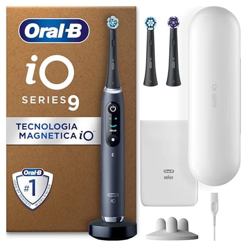 Oral-B Spazzolino Elettrico Ricaricabile iO 9 Nero, 3 Testine Di Ricambio, Custodia Da Viaggio Ricaricabile, 1 Spazzolino Elettrico Oral B, Sensore di Pressione, Display Interattivo