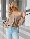 Hotouch Cárdigan Mujer Chaqueta De Punto Mangas De Farolito Chaquetita Tejida Casual Suave Cuello En V con Botones Caqui Abrigo De Punto M - 2