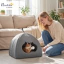 PawHut Cat Cave Bed for Indoor Kittens, Cat House with Removable Cushion and Teaser Ball, Kitty Igloo with Anti-Slip Base, 42 x 42 x 39 cm, Grey - 2