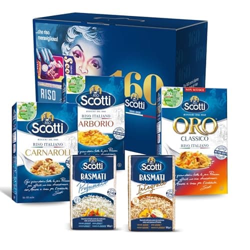 Riso Scotti Box di Riso, Contiene 5 Varietà di Riso - Arborio, Riso Carnaroli, Oro Insalate (1kg), Basmati Profumato 500g, Basmati Integrale 500g, Qualità Premium, Idea Regalo