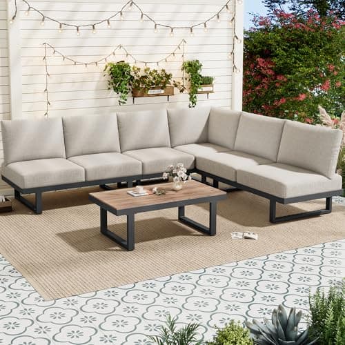 Merax Garden Furniture Sets 5-6 Seater, Outdoor Modular Corner Sofa Modular Set with Glass Tabletop, Patio Conversation Set with Backrest Cushions for Garden Terrace, Grey