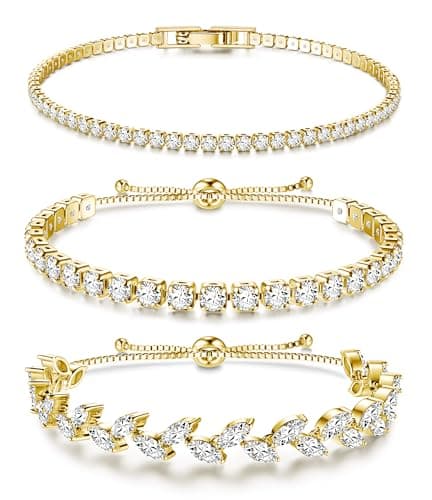 Dochais 3 Stück Tennis Armband Damen Gold Zirkonia Armbänder Diamant Armband Damen Armbänder Glitzer Tennisarmbänder Strass Kristalle Set für Frauen Mädchen Ehefrau Mutter Schmuck Geschenk B