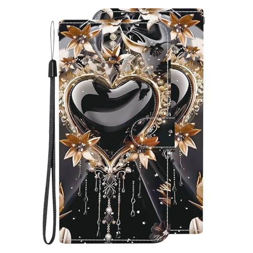 BLOTECH Case for Realme GT Neo6,Black Heart Jewellery Yellow Crown Painting Multifunction Leather Phone Case Wallet Flip Cover with Multi Card Slots Pocket Wrist Strap for Realme GT Neo6