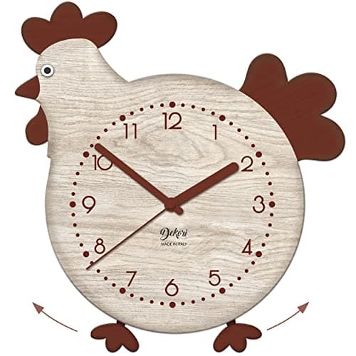 DEKORI Orologio da Parete con Pendolo – Design Gallinella in Legno, Silenzioso e Artigianale, per Cucina Rustica o Casa, 27x32 cm