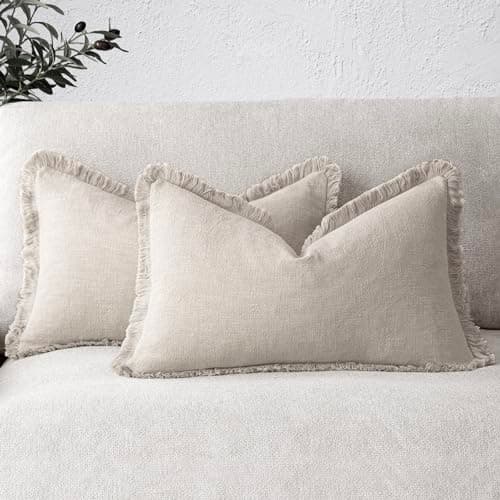 Foindtower Set di 2 federe decorative in lino con frange lombari, stile bohémien, con nappe, per divano, soggiorno, decorazione per la casa, 30,5 x 50,8 cm, beige naturale