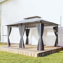 Outsunny Cenador para Jardín 3x4 m, Pabellón de Jardín, Gazebo con Doble Techo, 6 Paredes Laterales, Estructura Metálica, Drenaje, Carpa para Exterior, Terraza, Patio, Gris Oscuro - 7