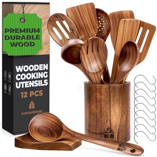 Utensilios de Cocina Madera 12 Pzs - Set de Espátulas y Cucharas de Madera, con Soporte, Reposacucharas y Ganchos. Antiarañazos. Accesorios Cocina con Agarre Cómodo para Sartenes Antiadherentes