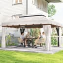 Outsunny Cenador de Jardín 4x3 m, Pabellón de Jardín Gazebo con Doble Techo, 4 Cortinas y Mosquitera, Marco de Aluminio, Orificios de Drenaje, UPF50+, Carpa para Exterior, Terraza, Patio, Blanco Crema - 6