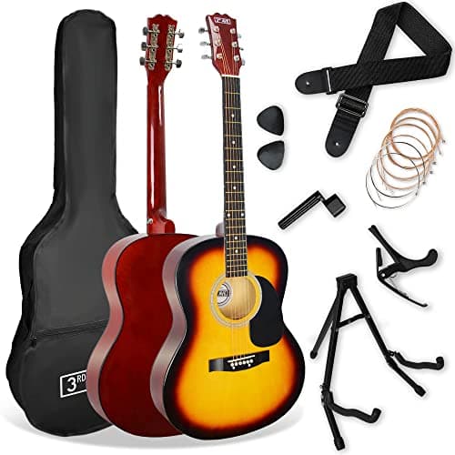 3rd Avenue Pacchetto con chitarra acustica di dimensioni standard 4/4 livello beginner, custodia da trasporto, plettri, corde, stand, tracolla, accordatore, capotasto– Sunburst (giallo)