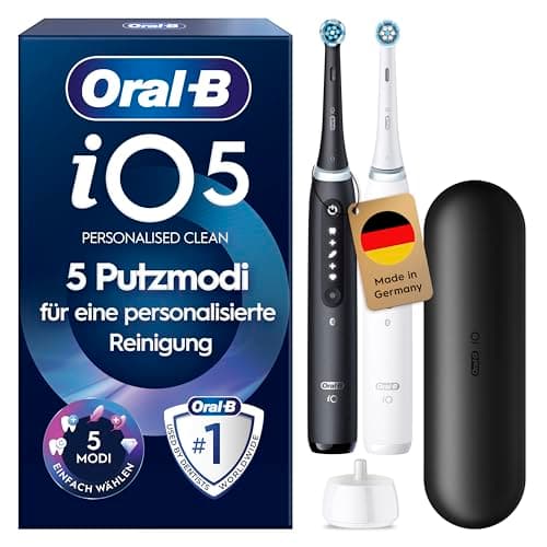 Oral-B iO Series 5 Elektrische Zahnbürste Doppelpack — Electric Toothbrush, Inkl. 2 Aufsteckbürsten und Reise-Etui — 5 Putzmodi für Zahnpflege, Zahnbürste Elektrisch, Designed by Braun, Schwarz/Weiß