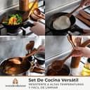 Utensilios de Cocina Madera 12 Pzs - Set de Espátulas y Cucharas de Madera, con Soporte, Reposacucharas y Ganchos. Antiarañazos. Accesorios Cocina con Agarre Cómodo para Sartenes Antiadherentes - 7