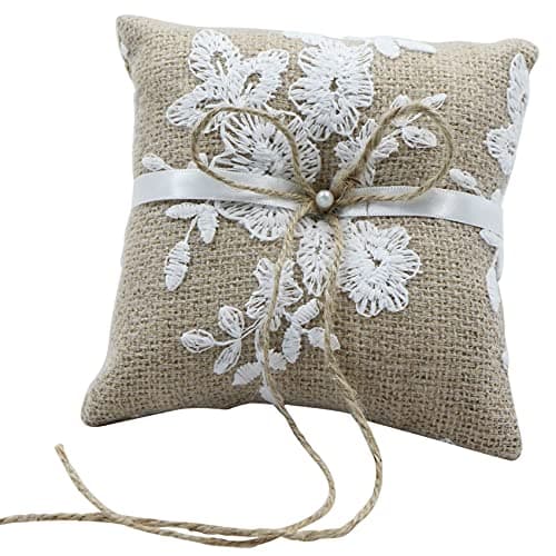 letuxaamz Almohada de Anillo Yute Encaje - 15 * 15 cm Almohada de Anillo de Boda Vintage, Compromiso Boda para Anillo con Lazo de Satén Ringkissen Wedding Ring Pillow Juego de Accesorio para Bodas.