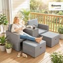 Outsunny 5 Piece Rattan Garden Furniture Set, Nesting Outdoor Furniture Conversation Set with 2 Footstools, WPC Storage Coffee Table, Cushions, Wicker Garden Sofa for Conservatory, Terrace, Dark Grey - 2