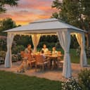 Outsunny 3 x 4 m Outdoor Garden Gazebo with Netting and Curtains, UPF50+ Double Roof Patio Gazebo Permanent Pavilion Canopy Shelter with Metal Frame, Drainage Holes, Dark Grey - 7