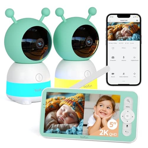BOIFUN Baby monitor 5" con schermo diviso e 2 telecamere, baby monitor WiFi 2K tramite schermo e controllo tramite app, registrazione e riproduzione, sensore di temperatura e umidità