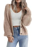 Hotouch Cárdigan Mujer Chaqueta De Punto Mangas De Farolito Chaquetita Tejida Casual Suave Cuello En V con Botones Caqui Abrigo De Punto M - 1